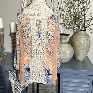 Anthropologie Meadow Rue Cream Lace Panel Front Tunic Style Top